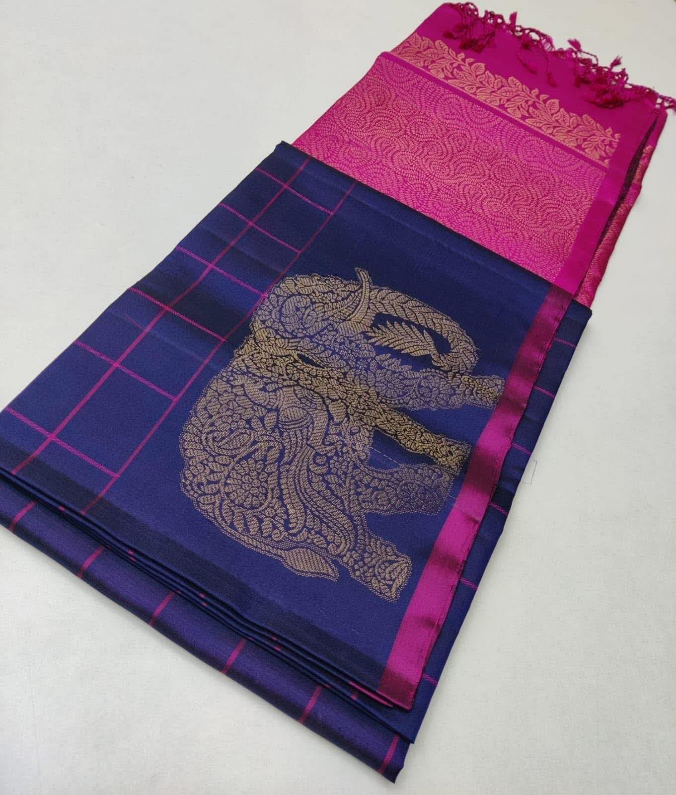 Royal blue with pink checks silk