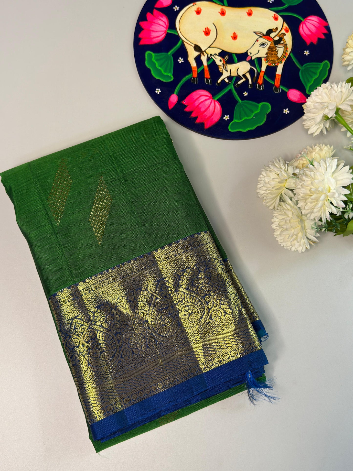 Parrot green with blue silk saree