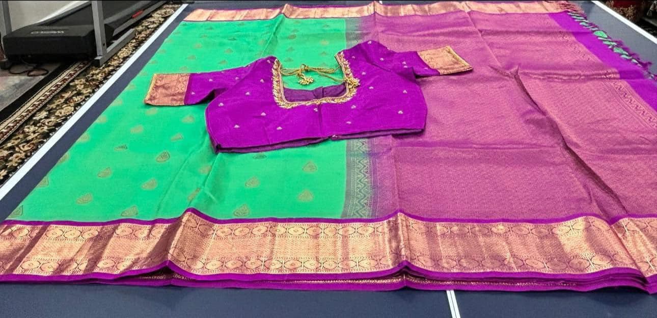 parrot green with royal purple silk