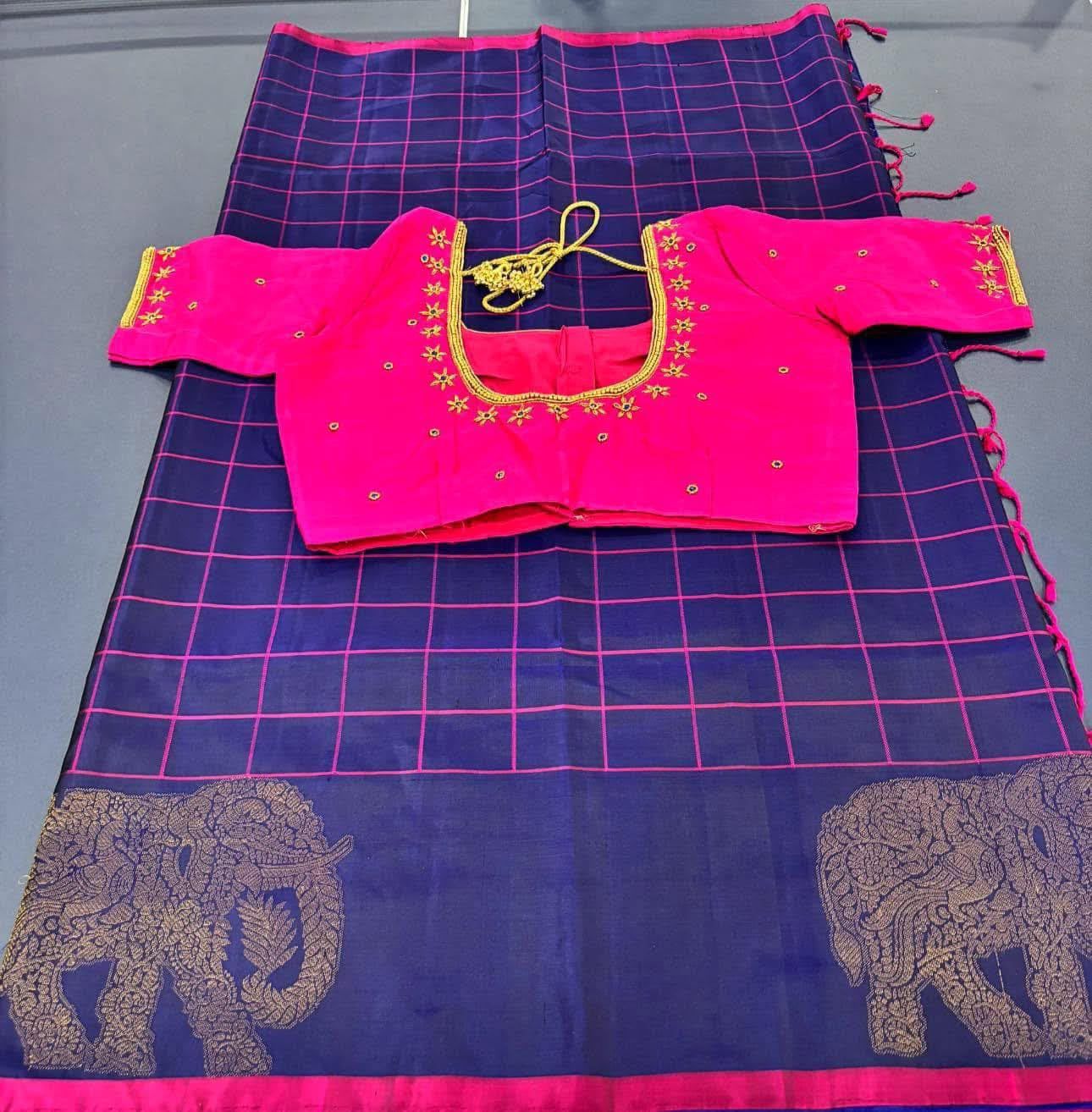 Royal blue with pink checks silk