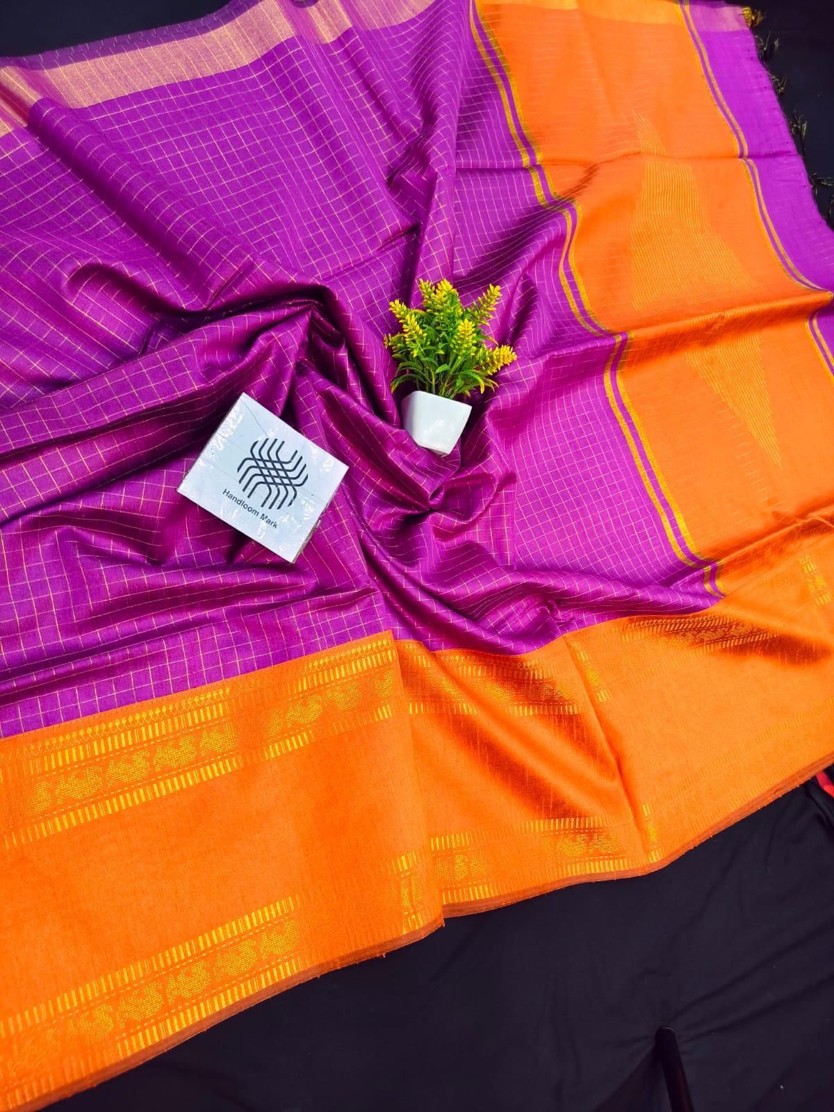 semi tussar magenta silk With Contrast stitched blouse-size 38 to 42 adjustable size.