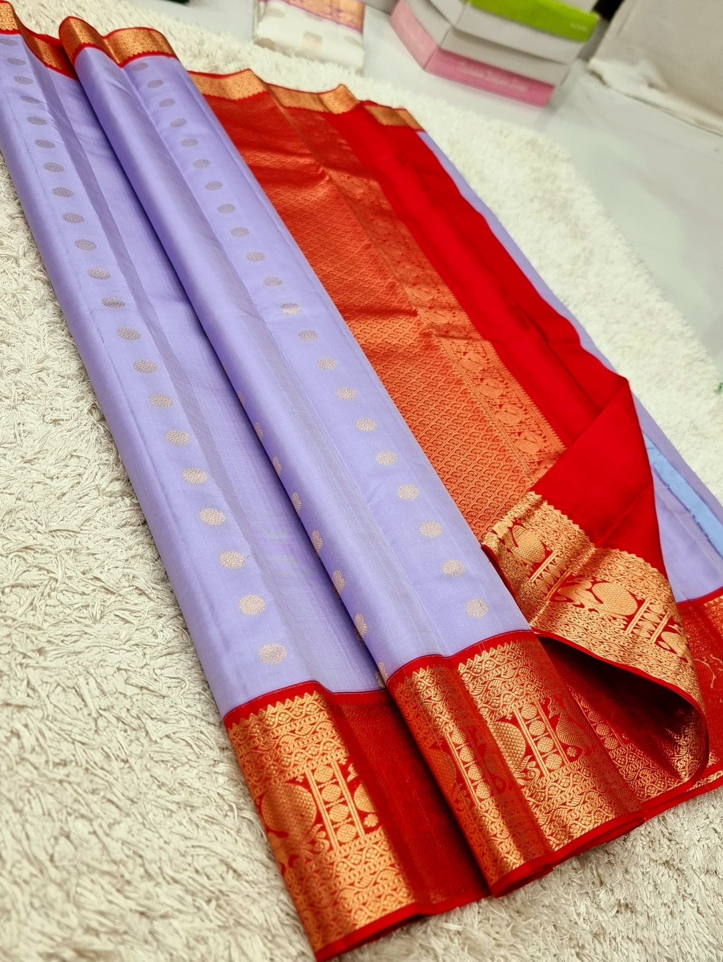 lavender with vibrant red silk