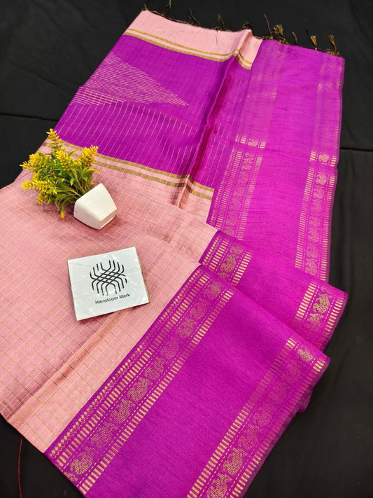 Semi tussar baby pink saree with contrast stitched blouse- Size 38 to 42 adjustable size.