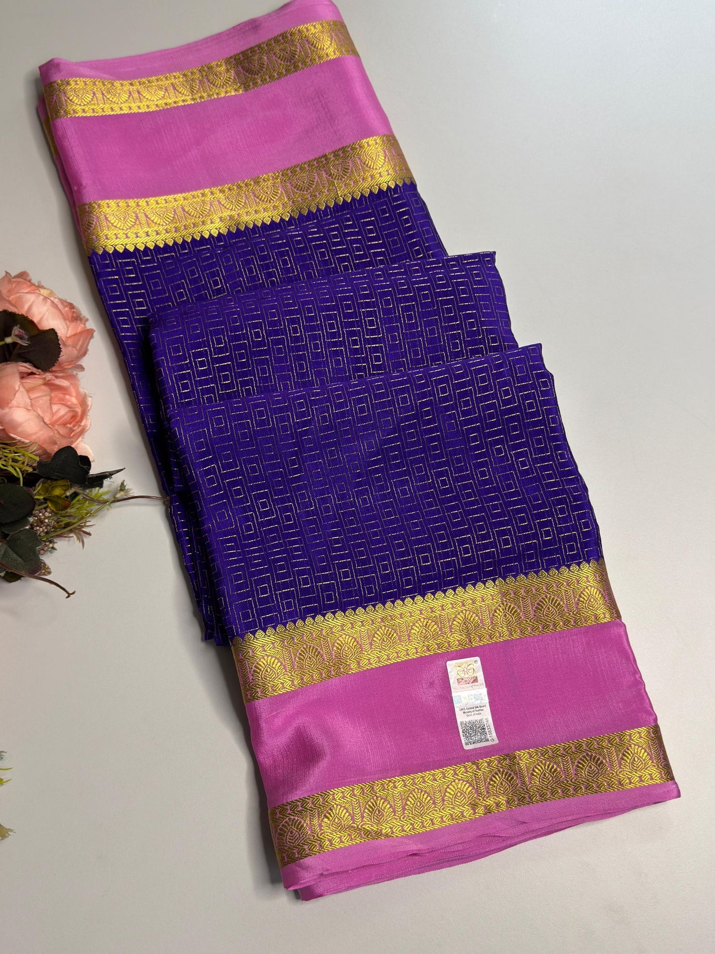 Blue with baby pink Mysore silk