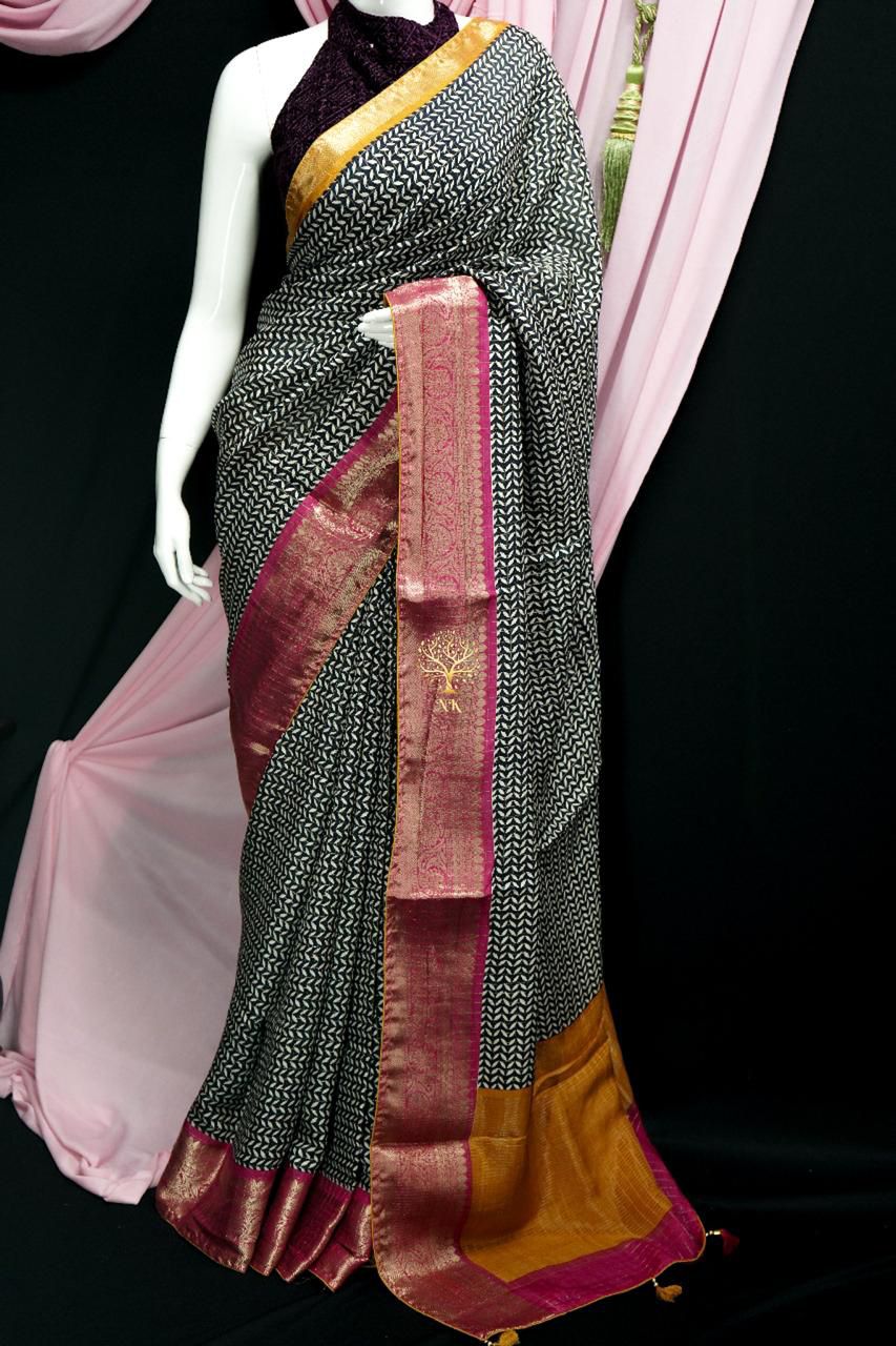 Georgette saree with kanchipuram inspired border