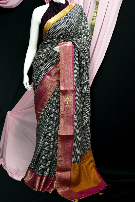 Georgette saree with kanchipuram inspired border